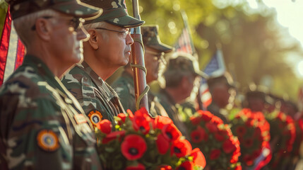Obraz premium Veterans Honoring Memorial Day with Poppy Wreaths in Patriotic Parade Setting