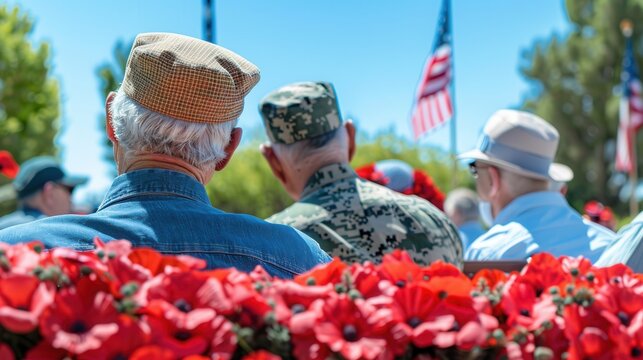 Veterans Honoring Memorial Day with Poppy Wreaths and American Flags in a Sunny Ceremony