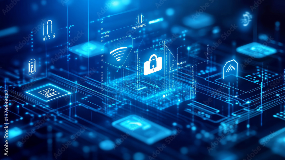Poster artificial intelligence and wireless technology. global digital network. internet data security. 3d 