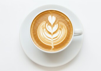 White cup of frothy cappuccino with latte art swirl, served on a saucer isolated on white background