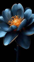 Striking Blue Lotus Flower with Golden Stamens on Black Background


