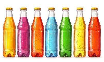 Eight glass bottles filled with colorful, fizzy drinks.  The bottles have yellow caps and are arranged in a row