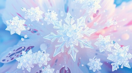 Snowflake Crystals Close Up with Soft Blue and Pink Background