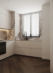 Dark cooking interior with bar chairs and countertop on grey concrete floor, sink with kitchenware. Modern kitchen with window on countryside, 3D rendering