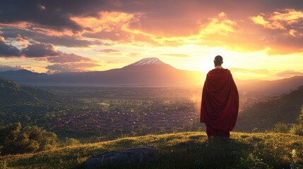 A solitary monk in a crimson robe stands on a green hilltop, admi a stunning sunrise over a vast valley and majestic mountains at dawn's light.