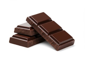 Three pieces of dark chocolate bar stacked slightly showing smooth texture and rich color isolated on white background