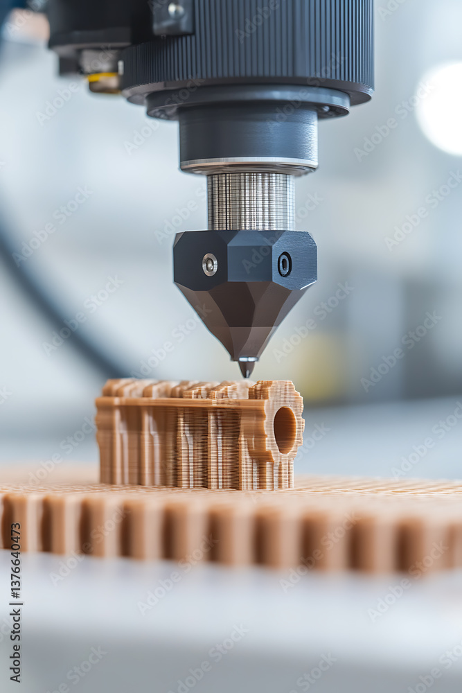Poster close-up shot of a 3d printer creating a tan, cylinder-shaped object. the technology is visible in a