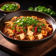 Spicy Mapo tofu, glistening red chilies, silky tofu, rich Sichuan sauce, bold and fiery