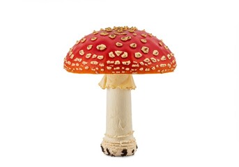 Red amanita mushroom with white spots and a thick stem isolated on white background