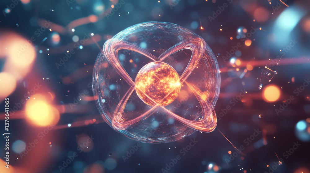 Poster atom. 3d illustration of an atomic reactor. bbasis of universe. study of structure of universe. hadr