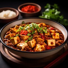 Spicy Mapo tofu, glistening red chilies, silky tofu, rich Sichuan sauce, bold and fiery