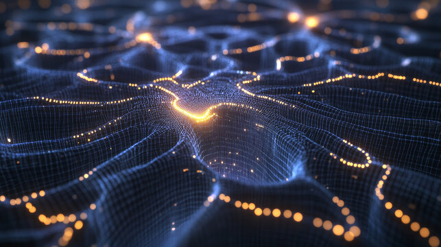 Abstract sci-fi 3D illustration. Connected neurons, electrical impulses. Artificial deep neural network. Synthetic connective tissue structure. Computer intelligence and AI technologies