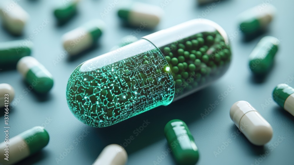 Aufkleber a transparent capsule with glowing green microspheres and circuit patterns surrounded by opaque gree