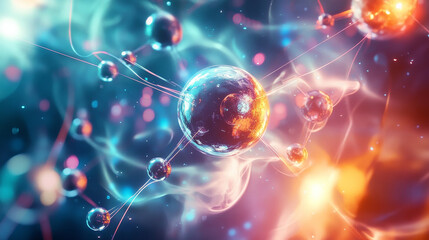 Atom. 3d illustration of an atomic reactor. Bbasis of universe. Study of structure of universe. Hadron Collider and Future Technologies