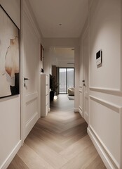 3d illustration. Entrance hall in the apartment with wardrobe. Front view