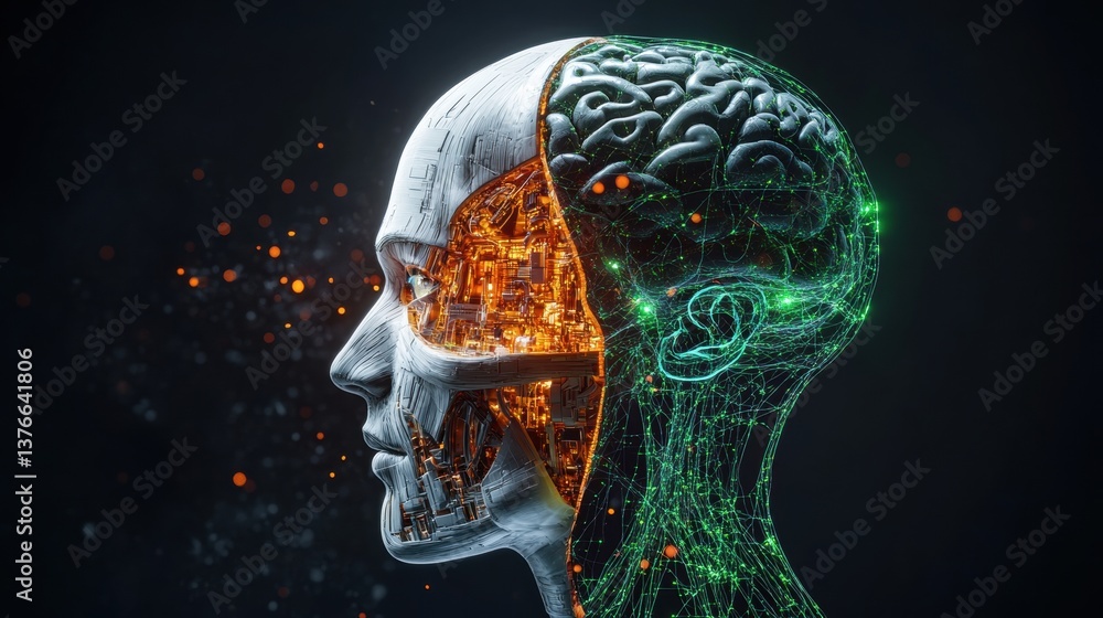 Aufkleber a digital rende of a human head bisected to reveal circuitry and a glowing brain with sparks and ene