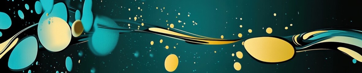 Abstract Fluid Art with Blue and Yellow Swirling Shapes on Teal Background