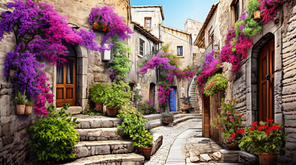 Obraz premium Charming cobblestone street adorned with vibrant flowers in a quaint village