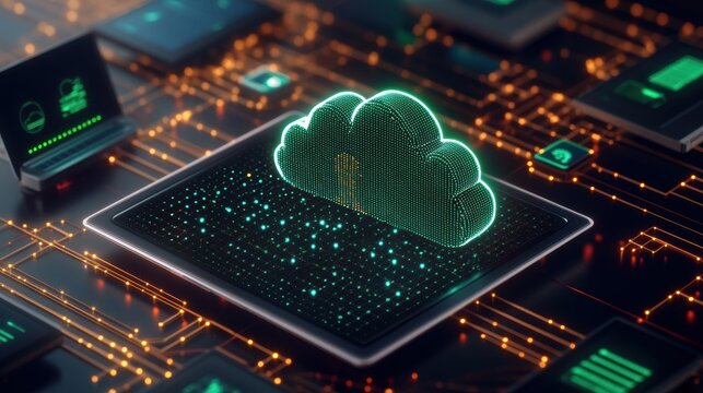 Glowing green cloud icon with keyhole on microchip amidst complex circuit board and digital devices, symbolizing security and technology integration.