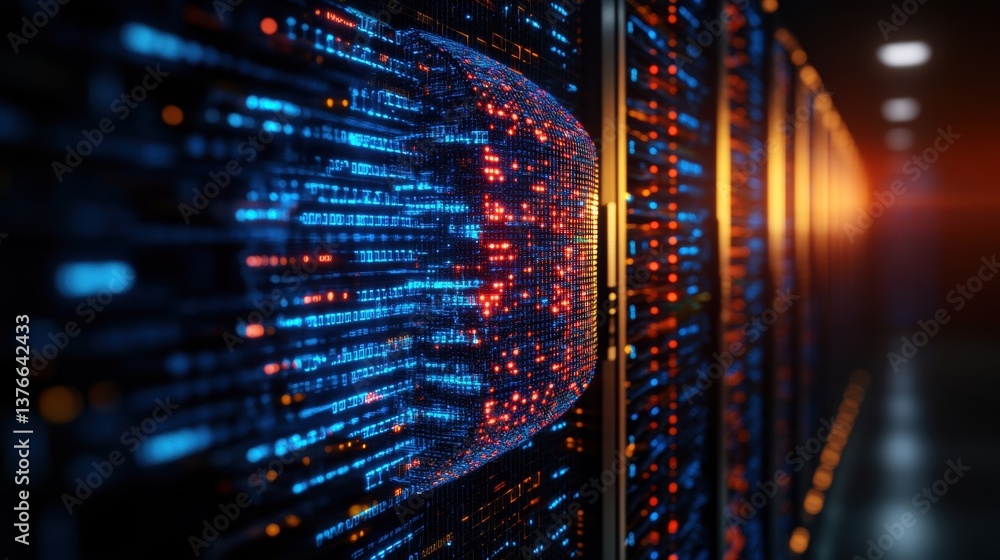 Poster close-up shot of a high-tech server room featu illuminated dark racks and a vibrant 3d digital spher