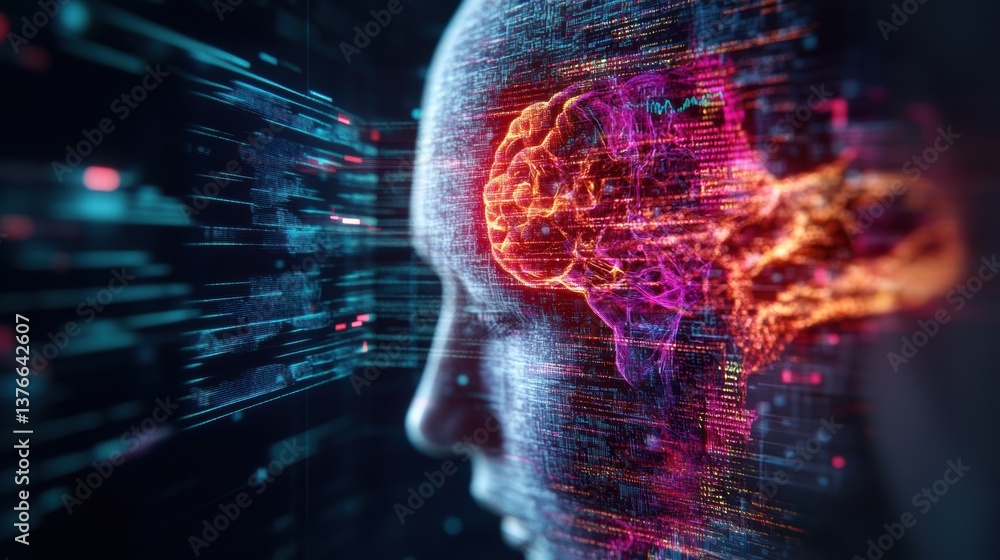 Aufkleber a stunning digital representation of a human head made of binary code featu a glowing brain in vibra