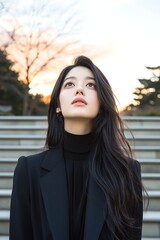 Woman gazing sunset with stairs, and autumn.
