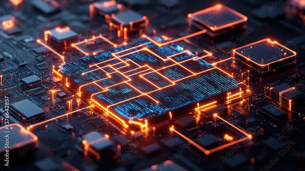 Aufkleber close-up of a digital cpu rende with glowing orange circuitry on a dark motherboard illustrating tec