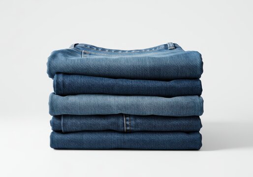 Neatly folded stack of blue denim jeans isolated on white background