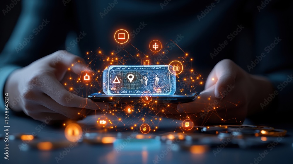 Aufkleber close-up of hands holding smartphone with holographic digital interface displaying icons, representi