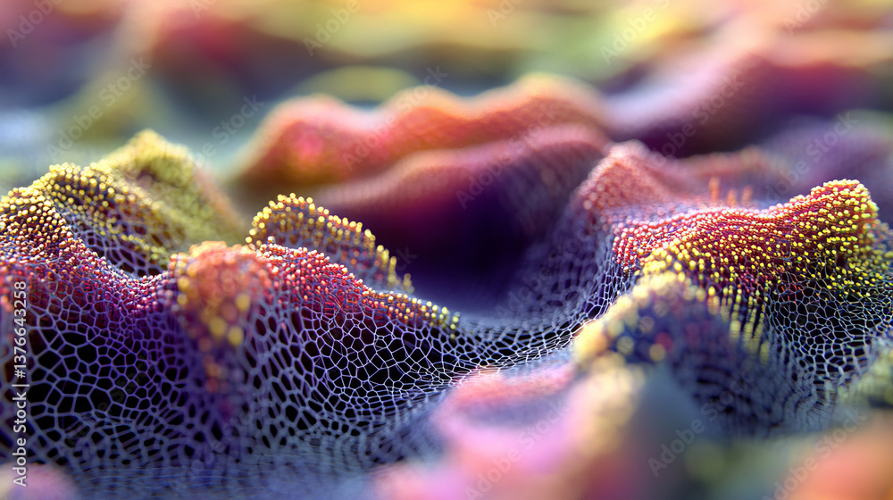 Poster nano structure, crystal lattice, cyber network 3d illustration. neural connections of woven data. de