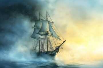 A vintage frigate navigates through a mysterious fog bank at dawn.