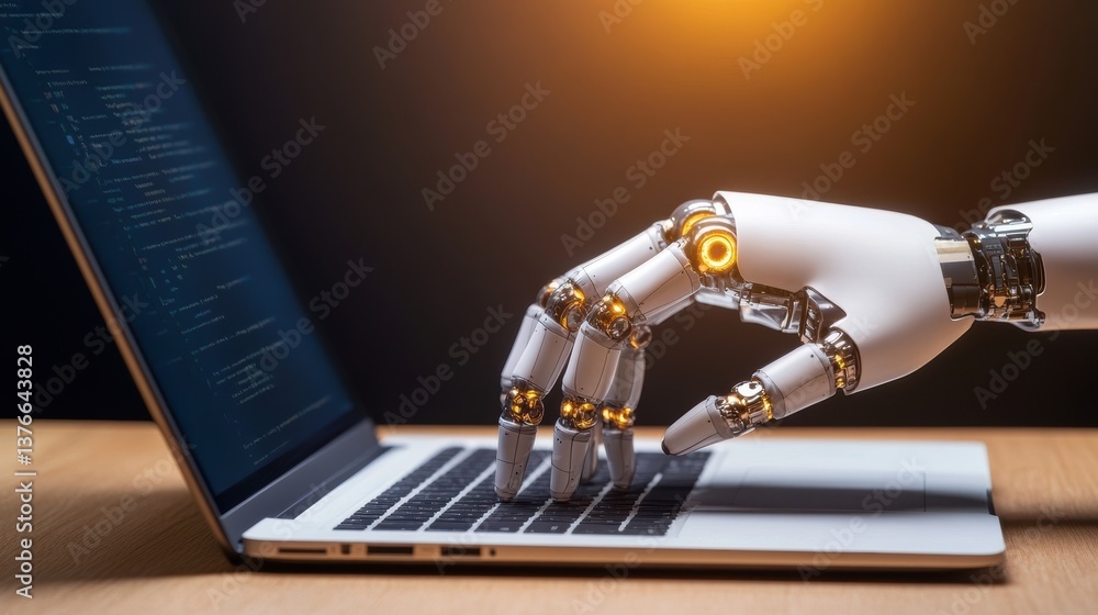 Poster a robotic hand with gold accents typing on a laptop keyboard with code displayed on the screen, illu