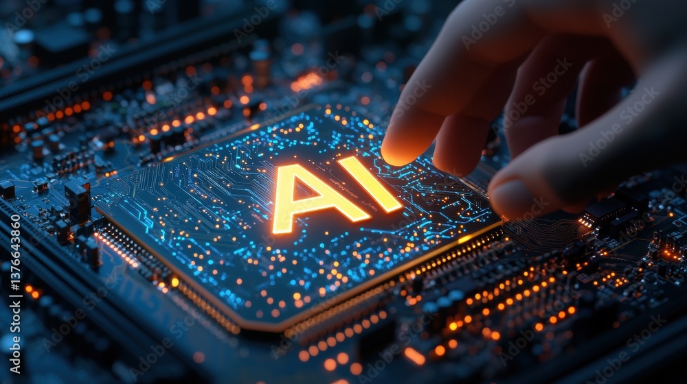 Aufkleber a hand gently touches a glowing ai chip integrated into a complex circuit board representing the fut