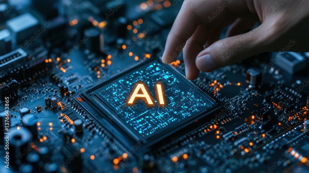 Aufkleber hand placing glowing ai microchip onto intricate circuit board, representing integration of advanced