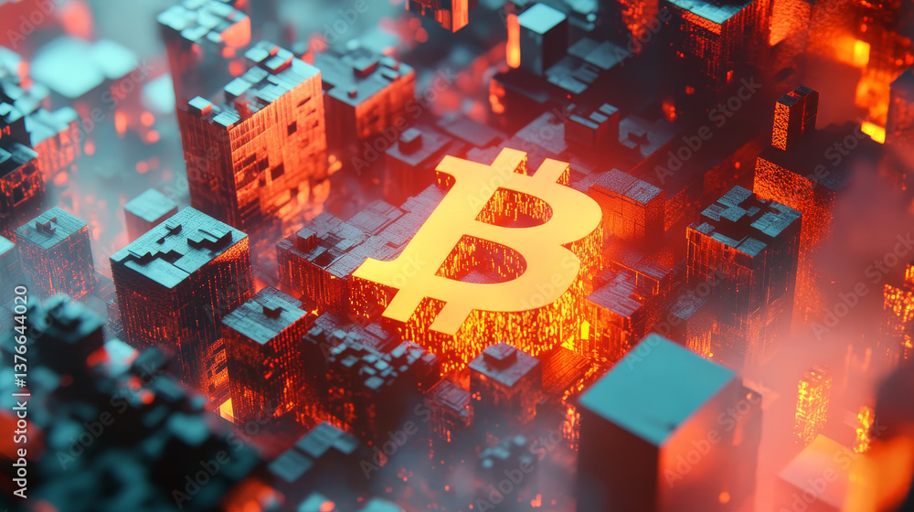 Poster bitcoin 3d illustration. futuristic concept of mining cryptocurrency. blockchain. bitcoin symbol con
