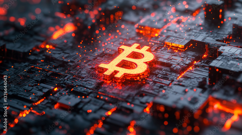 Poster bitcoin 3d illustration. futuristic concept of mining cryptocurrency. blockchain. bitcoin symbol con