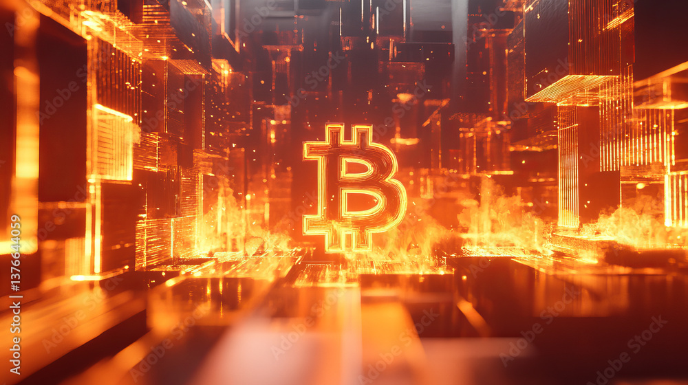 Poster bitcoin 3d illustration. futuristic concept of mining cryptocurrency. blockchain. bitcoin symbol con