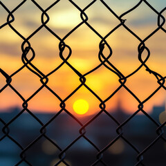 Naklejka premium A chain link fence with a sunset in the background creating a silhouette against the bright light