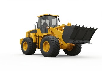 Large yellow tractor loader with black tires isolated on white background