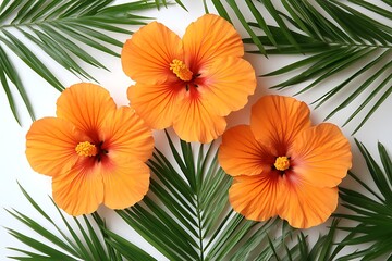 Fototapeta premium Orange Hibiscus Flowers with Palm Leaves.
