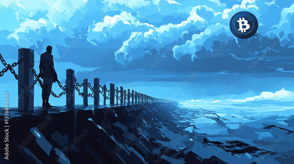 Poster blockchain technology. information blocks form a decentralized global database structure. 3d illustr