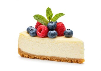 Slice of cheesecake topped with raspberries, blueberries, and mint isolated on white background