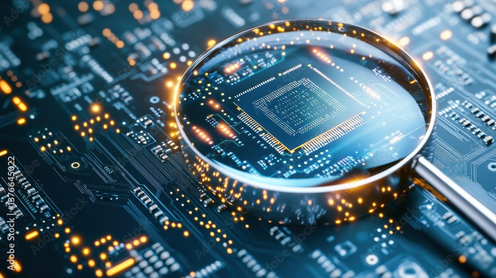 Aufkleber close-up magnifying glass highlighting central processing unit chip on circuit board with intricate 