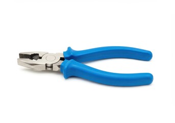 Obraz premium A pair of pliers with a blue rubber handle and metallic jaws isolated on white background
