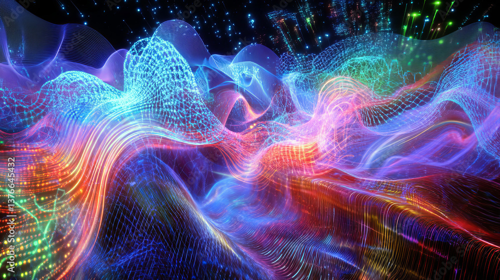 Poster big data cyber stream 3d illustration. rhythmic waves of electrical impulses in a neural network. so