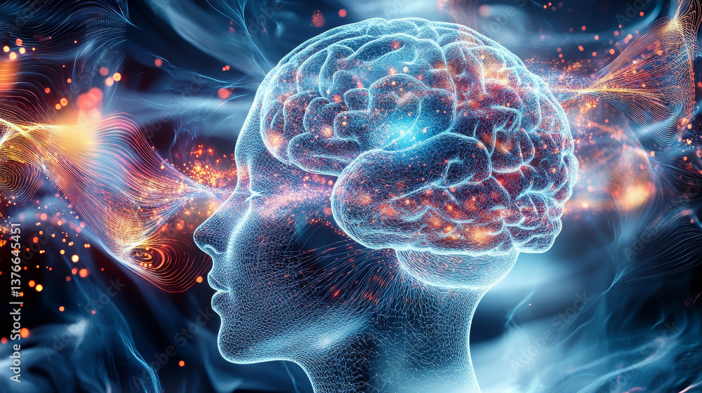 Poster big data cyber stream 3d illustration. rhythmic waves of electrical impulses in a neural network. so