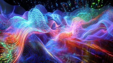 Fototapeta premium Big data cyber stream 3D illustration. Rhythmic waves of electrical impulses in a neural network. Sound and particles of musical rhythm. Blurred bokeh emotion in digital code space