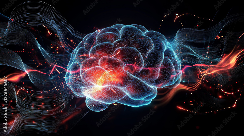 Poster big data cyber stream 3d illustration. rhythmic waves of electrical impulses in a neural network. so