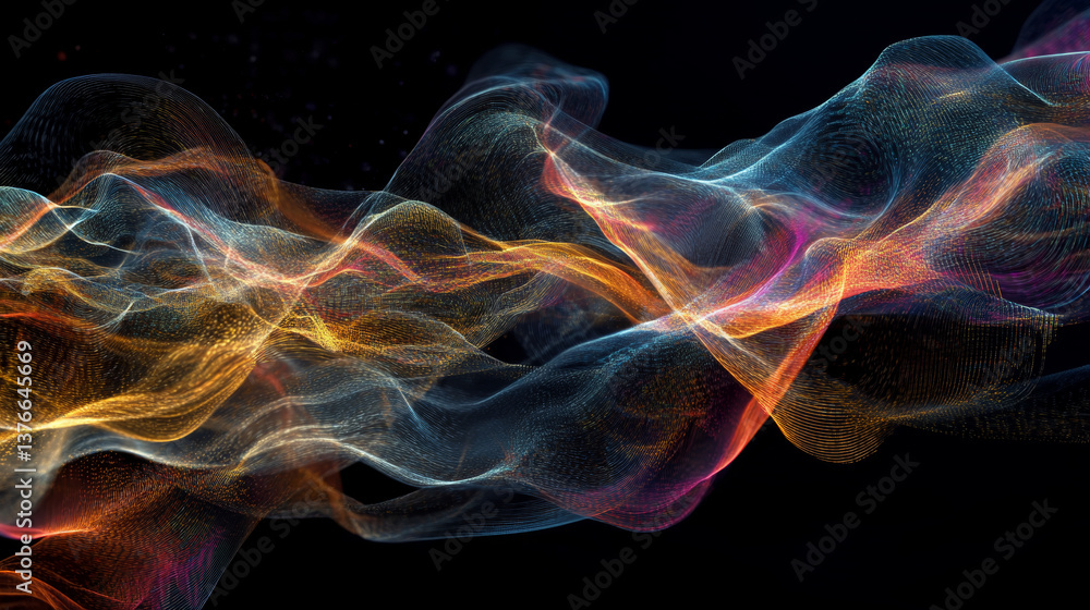 Poster big data cyber stream 3d illustration. rhythmic waves of electrical impulses in a neural network. so
