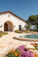 Charming Mediterranean Villa with Stone Pathway, Garden, and Round Pool Under Sunny Sky